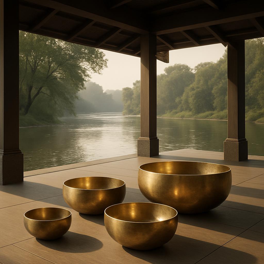 View of large outdoor domed area of Indian hut ornamented with many brass bowls placed near a river. Dark shading created ...