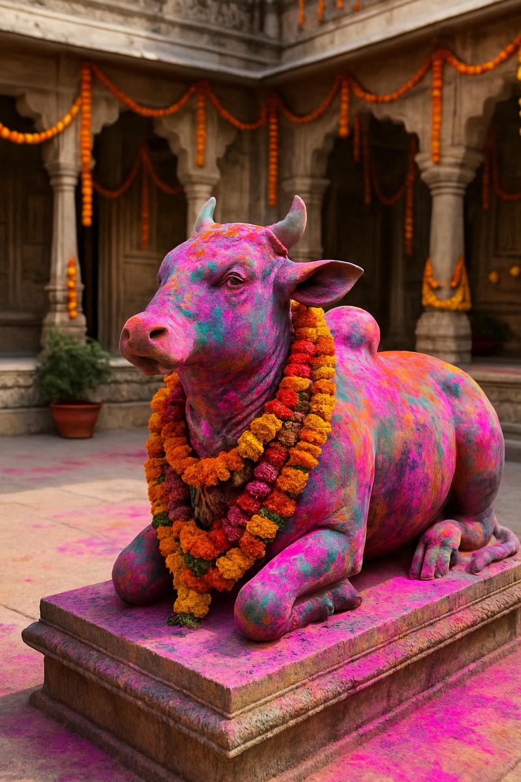 A statue of a cow covered in vibrant, colorful powder, adorned with a garland of flowers.