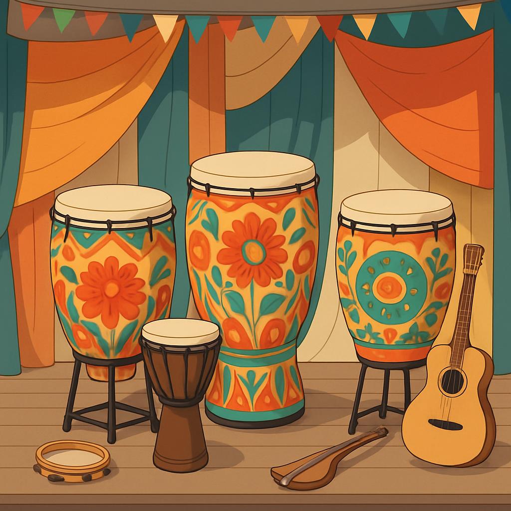 An assortment of colorful percussion instruments, including drums, a djembe, and a guitar, arranged on a wooden stage.