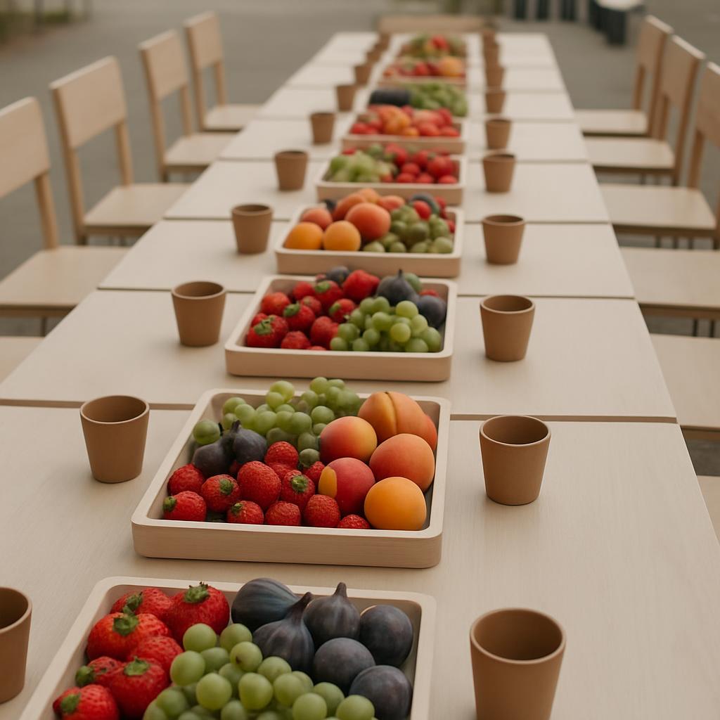 Fruits arranged on a long table for what appears to be a public event as they are seated at each fruit tray with chairs be...